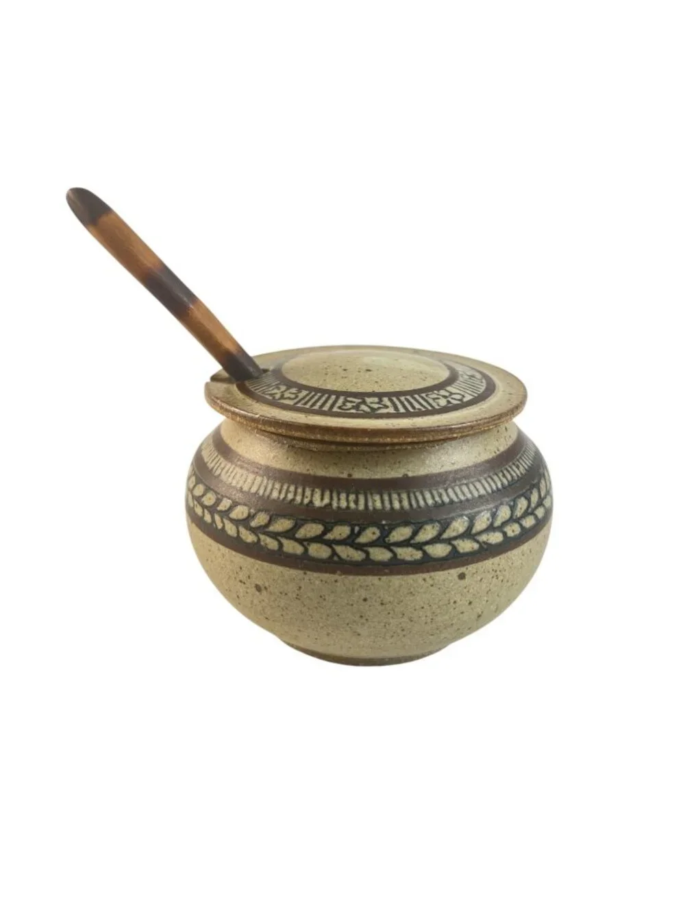 Vintage Studio Pottery Honey Pot, Brown Speckled Stoneware & Cobalt Blue Interio
